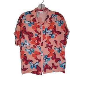 Lularoe Women's Button Up Shirt Short Sleeve Pink Blue Butterfly Small Oversized